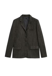 Donkergrijze blazer van textuurstof, met een geknipte revers, één borstzak en twee voorzakken met klep, voorzien van een knoopsluiting.