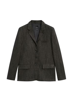 Donkergrijze blazer van textuurstof, met een geknipte revers, één borstzak en twee voorzakken met klep, voorzien van een knoopsluiting.