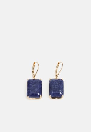 Gold earrings with rectangular faceted deep blue stones, designed with lever-back clasps for secure wear.