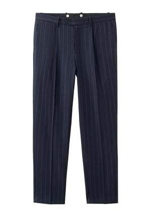 Pantalon de costume bleu marine à rayures fines, taille haute, plis, poches latérales et fermeture à boutons sur le devant.
