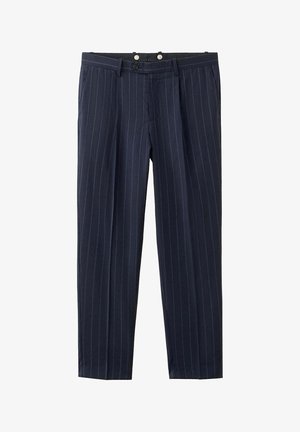 Pantalon de costume bleu marine à rayures fines, taille haute, plis, poches latérales et fermeture à boutons sur le devant.