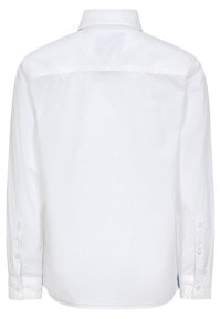 Biała koszula z długimi rękawami, z mankietami zapinanymi na guziki, kołnierzykiem i gładkim tyłem. Materiał wydaje się gładki z lekko błyszczącym wykończeniem.