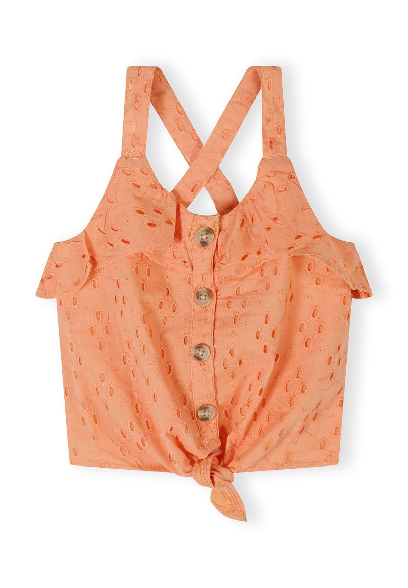 Kätsepuuduv oranž crop top, millel on piludega kangas, neli esist nuppu, ristuvad rihmad ja sõlm allservas.