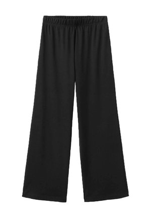 Pantalon noir à jambes larges en tissu doux et extensible avec une ceinture élastique et sans fermetures visibles. Texture lisse et design simple.