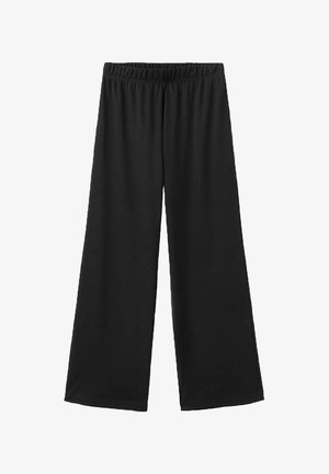 Čierne nohavice so širokými nohavicami vyrobené z mäkkej, elastickej tkaniny s elastickým pásom bez viditeľných zapínaní. Hladký povrch a jednoduchý dizajn.