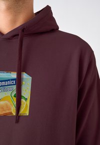 Maroon hooded sweatshirt featuring a graphic of a lemon-flavored drink box, with vibrant colors and textures reflecting the packaging design.