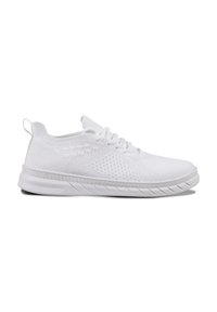 White athletic shoes with a breathable mesh upper, a cushioned sole, and flat laces. Features a pull tab at the back and textured traction on the sole.