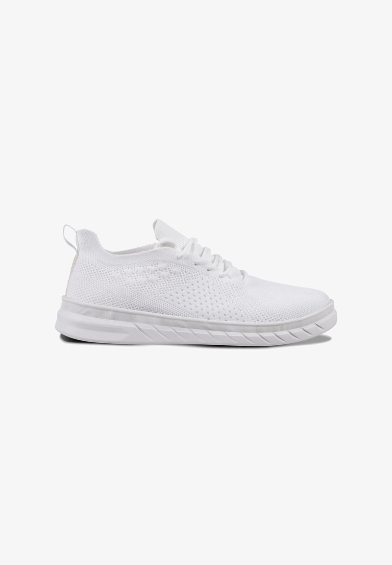 White athletic shoes with a breathable mesh upper, a cushioned sole, and flat laces. Features a pull tab at the back and textured traction on the sole.
