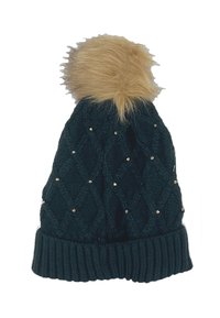 Strickmütze in Dunkelgrün mit einem flauschigen beigen Pompon, Rautenmuster und verstreuten goldfarbenen Akzenten. Gerippter Bündchen am Boden.