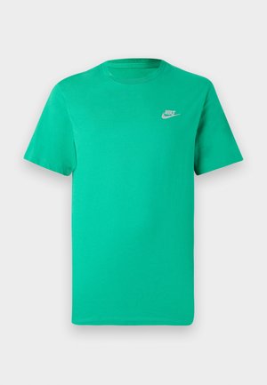 Green cotton t-shirt with a crew neck, short sleeves, and a small white Nike logo on the upper left side. Smooth texture.
