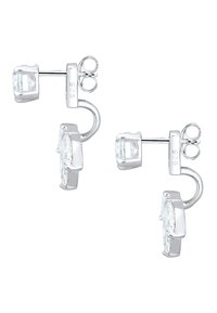 Silberohrringe mit einem oval geschliffenen Zirkonia-Stein, der in einem sicheren Krappen-Design mit einer Steckverschlussbefestigung eingesetzt ist, mit polierter Oberfläche.