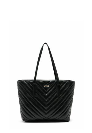 Schwarze gesteppten Tragetasche mit Chevronmuster, zwei Schulterriemen und einem goldenen Logo auf der Vorderseite. Hergestellt aus strukturiertem Kunstleder.