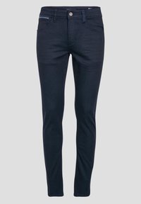 Jeans slim fit blu scuro in denim. Presentano una chiusura frontale con bottone, passanti per cintura e cinque tasche con leggera elasticità.