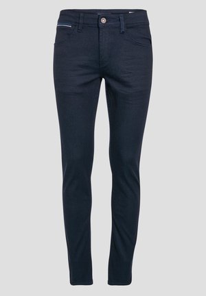 Donkerblauwe, slim-fit jeans van denim. Voorzien van een voorkant met knoopsluiting, riemlussen en een vijf-zakken stijl met lichte stretch.
