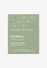 Green rectangular box for a scented candle, featuring embossed geometric patterns and the logo "SKANDINAVISK" in white text.