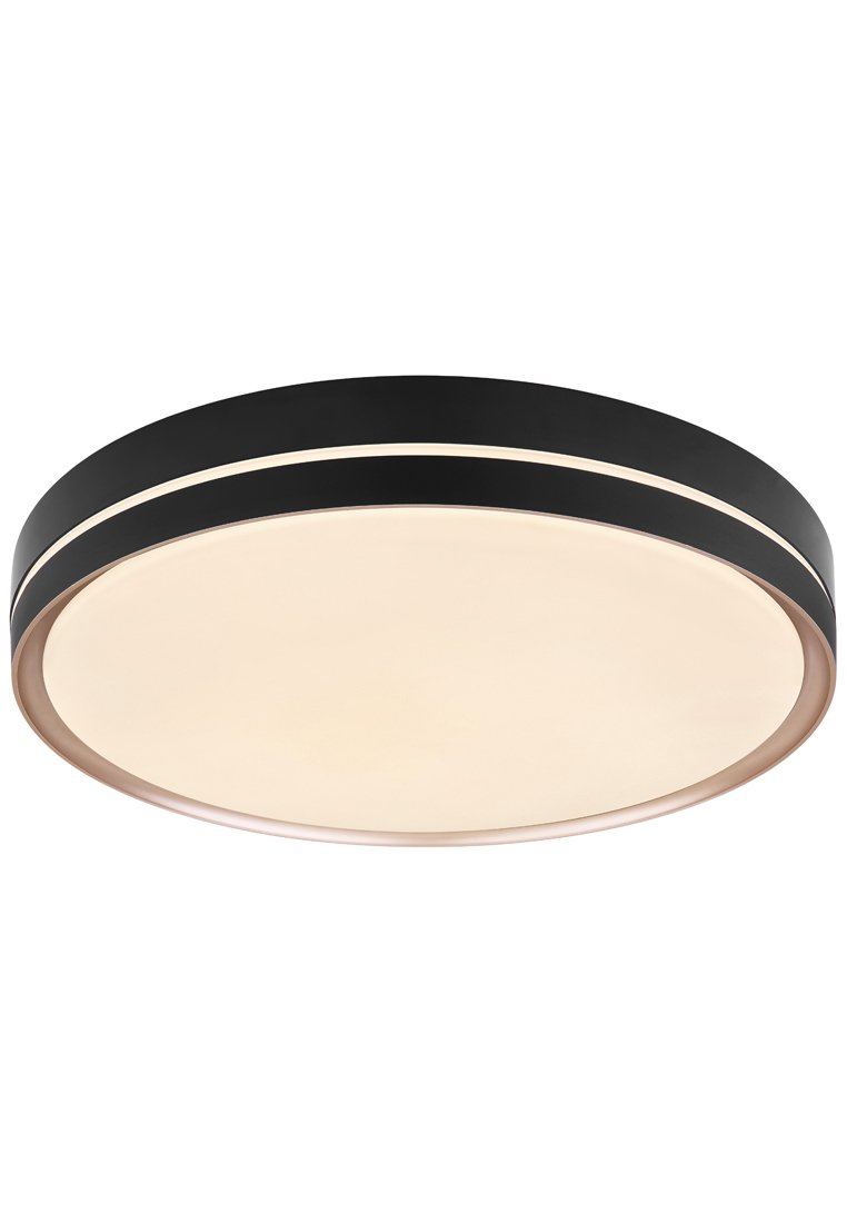 Runde Deckenleuchte mit einem schwarzen Metallrahmen, weißem beleuchtendem Diffusor und schlanken metallischen Akzenten. Glatte Oberfläche und minimalistisches Design.