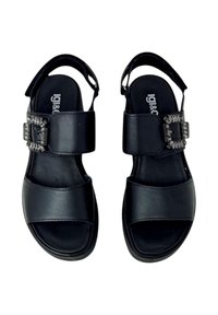 Sandali neri in pelle con due cinturini regolabili, dotati di una fibbia quadrata decorativa. Texture liscia e soletta imbottita.