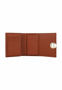 Leather wallet in rich brown with a textured finish. Features card slots, a central compartment, and a gold-tone metal clasp.