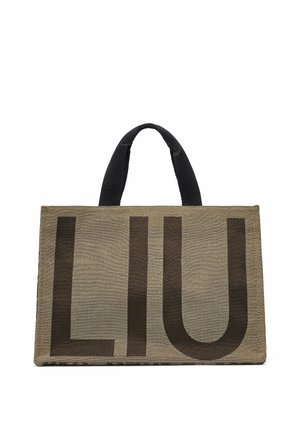 Borsa a mano rettangolare beige e nera con grandi lettere nere "LIU" sul davanti e due manici corti in tessuto nero.