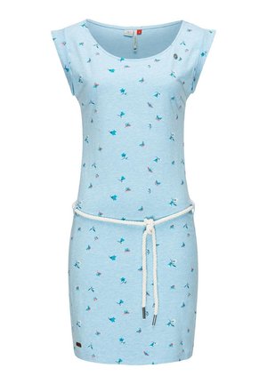 Jasnoniebieska sukienka na krótki rękaw z drobnym kwiatowym wzorem i białym sznurowym paskiem zawiązanym z przodu, z okrągłym dekoltem i lekko wyciętymi rękawkami.