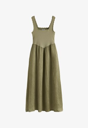 Ärmelloses olivgrünes Midikleid mit geripptem, eng anliegendem Oberteil, gewelltem quadratischem Ausschnitt und texturiertem fließendem Rock.