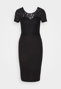Robe noire avec une jupe crayon ajustée et de courtes manches en dentelle, présentant un bustier en dentelle et une texture de tissu lisse en dessous de la taille.