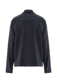 Dark blue button-up shirt with long sleeves and a classic collar. Features a textured back, buttoned cuffs, and a straight hem.