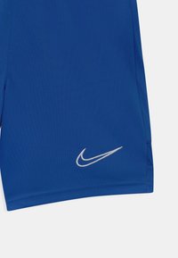 Pantalones cortos deportivos azules con el logo bordado de Nike en blanco cerca del dobladillo sobre un fondo liso.