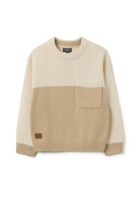 Suéter de punto beige con cuello redondo, que presenta un bolsillo y un diseño bicolor en crema y beige claro. Puños y dobladillo de canalé.