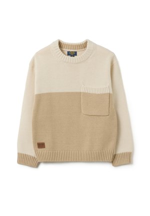 Beige gebreid sweater met een ronde halslijn, met een zak en een kleurblokontwerp in crème en lichtbruin. Ribgebreide manchetten en onderkant.
