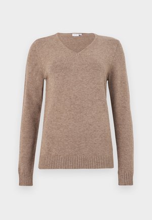 V-neck sweater in light brown, made from soft fabric. Features long sleeves and ribbed hem and cuffs for added texture. Simple design.