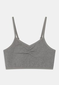 Grå bralette, mjuk bomullsblandning, v-ringning design, tunna justerbara axelband, samlad detalj i mitten, sömlösa kanter och en slät yta.