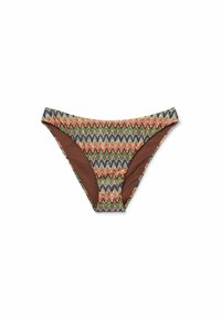 Bikini-bottom med ett flerfärgat zigzag-mönster på framsidan, brun tyg på baksidan, med en slät yta och medelhög skärning.