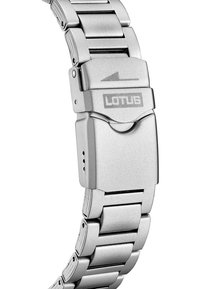 Bracciale per orologio in acciaio inox argentato con finitura lucida, dotato di chiusura a deployante e del logo "LOTUS" inciso sulla fibbia.
