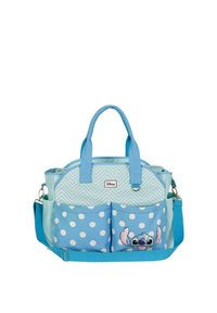 Bolsa tote azul con bolsillos de lunares, patrón de chevron en la parte superior y un diseño del personaje Stitch. Cuenta con asas dobles y una correa para el hombro.