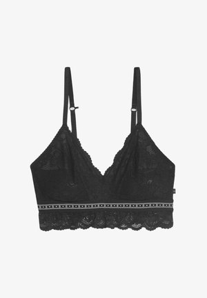 Black lace bralette with a V-neck design, adjustable straps, a scalloped hem, and a decorative waistband featuring small contrasting accents.