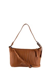 Borsa a spalla in pelle marrone con plissettature verticali, manico superiore singolo e tracolla regolabile. Texture liscia con minimi dettagli in metallo.