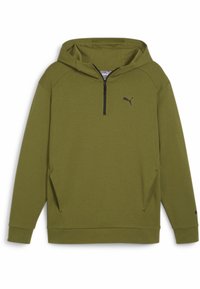 Olivengrøn hætte sweatshirt med halv lynlås foran, sort logo, sidelommer og ribbede manchetter. Lavet af et blødt, tekstureret stof.