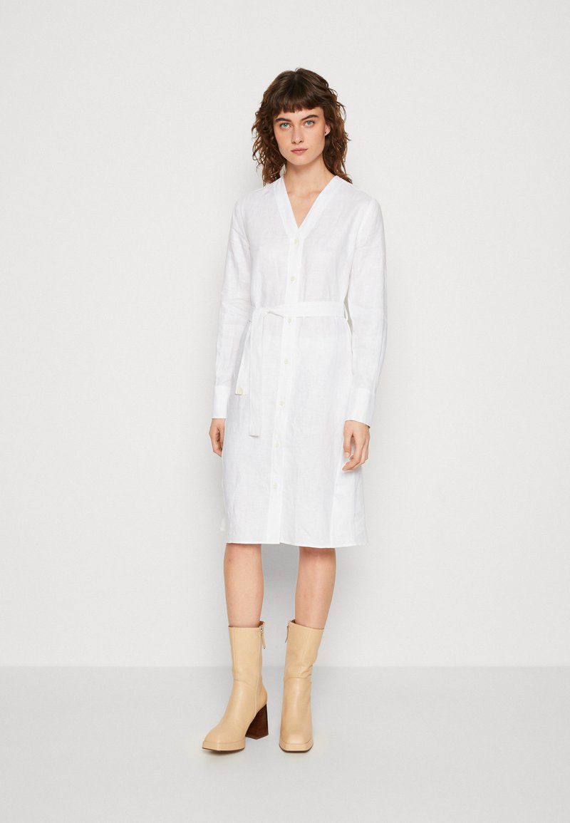 Calvin Klein LINEN COLLARLESS MIDI DRESS Shirt dress bright white