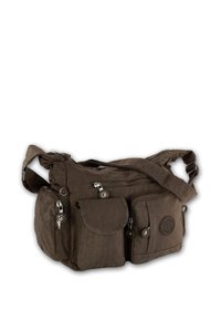 Braune Stoff-Umhängetasche mit verstellbarem Gurt, mehreren Reißverschlusstaschen und einer vorderen aufgesetzten Tasche. Mit runder Logo-Detail.