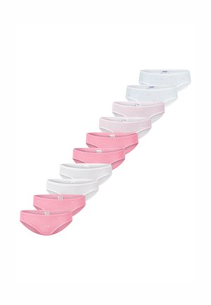 Neun Paar Baumwollunterhosen in einem Farbverlauf angeordnet; die Farben umfassen Rosa, Weiß und Hellblau mit dezenten Mustern und elastischen Bund. 