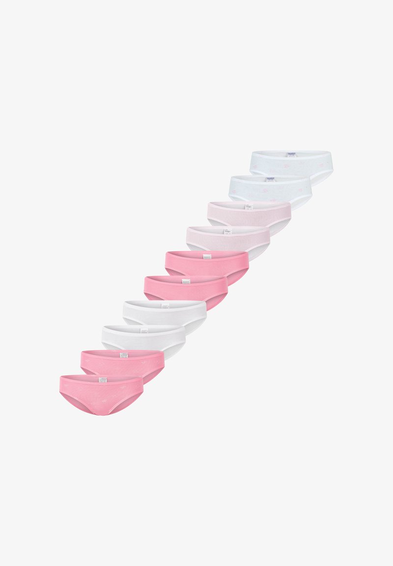 Neun Paar Baumwollunterhosen in einem Farbverlauf angeordnet; die Farben umfassen Rosa, Weiß und Hellblau mit dezenten Mustern und elastischen Bund.