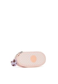 Trousse rose en forme ovale avec un extérieur à motif, ornée d'une patch logo et d'un porte-clés décoratif représentant un personnage violet en peluche.