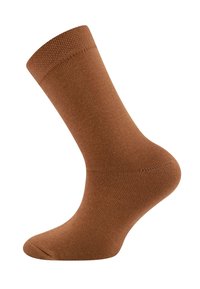 Chaussette en coton marron, longueur mi-mollet, bord ribbé, texture lisse, orteil sans couture, forme ajustée.