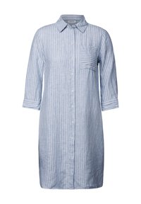 Vestito camicia a righe azzurro chiaro con chiusura a bottoni, colletto, maniche a tre quarti e taschino sul petto. Tessuto morbido.