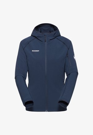 Navyblaue, Reißverschlussjacke mit Kapuze, aus strukturiertem Stoff. Verfügt über Seitentaschen und Logodetails auf der Brust und dem Ärmel.