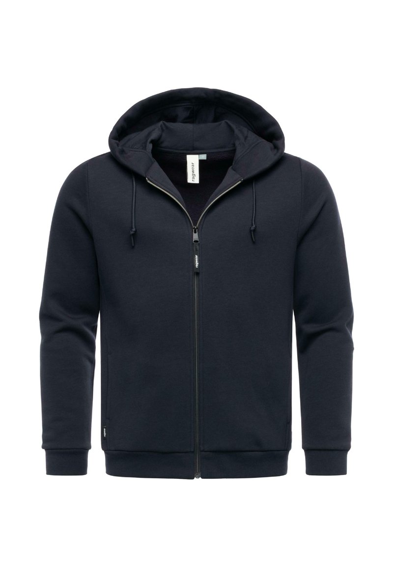 Marineblå fleece-trøje med lynlås i blødt bomuldsblandingsmateriale, med snøre i hætten, sidelommer og ribbede manchetter, der har en glat tekstur og et enkelt design.