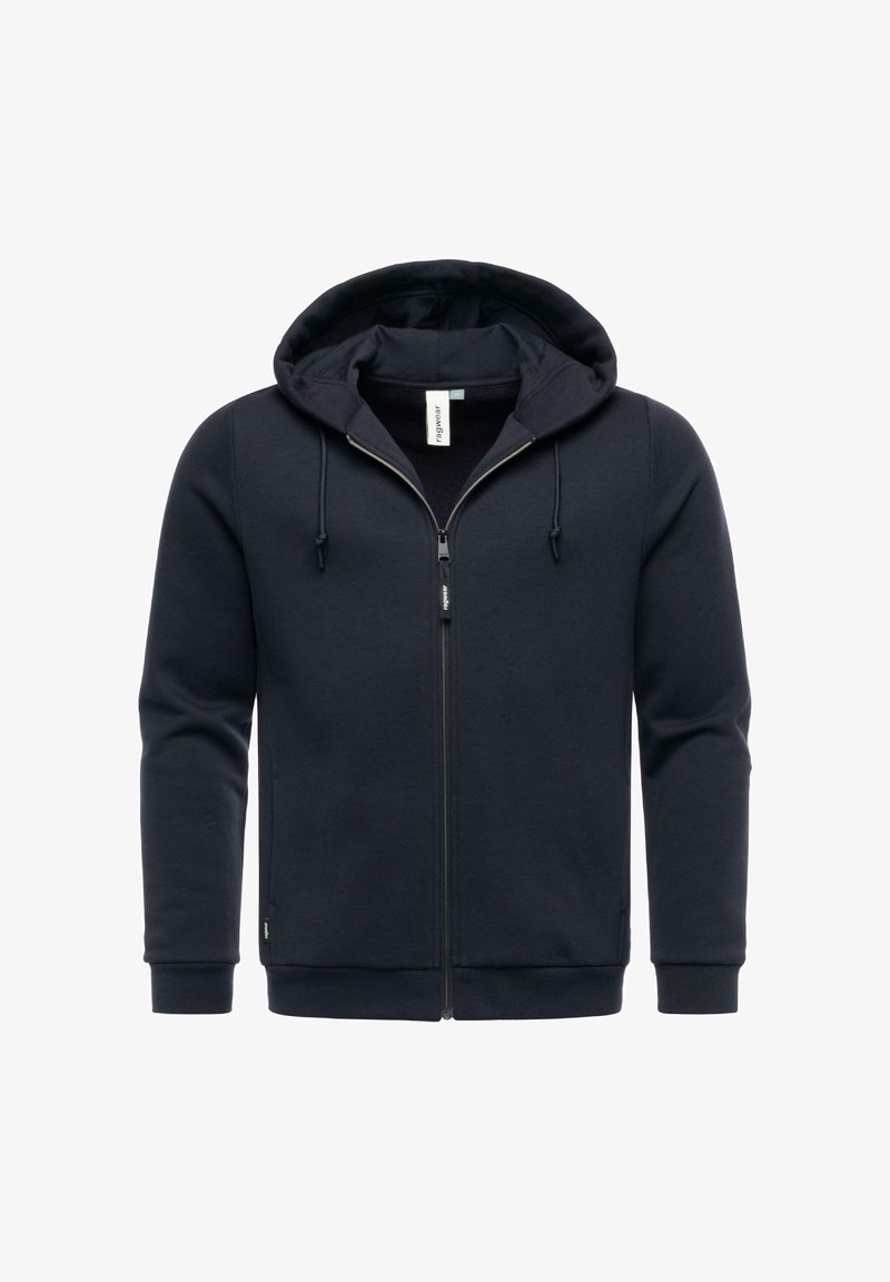 Marineblå fleece-trøje med lynlås i blødt bomuldsblandingsmateriale, med snøre i hætten, sidelommer og ribbede manchetter, der har en glat tekstur og et enkelt design.