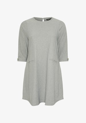 Graues Tunika-Kleid mit Dreiviertelärmeln, zwei Fronttaschen und einem Schlüsselloch-Detail am Rücken. Weicher, strukturierter Stoff mit lässiger Passform.