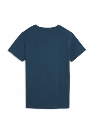 Enkelt mørkeblå T-shirt med korte ærmer lagt fladt ud set bagfra med rund halsudskæring og simpelt design.
